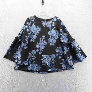 Alfani Floral Bell Sleeve Blouse 1X‎ Black Blue Purple Womens Stretch Ruffle